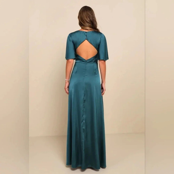 Lulu's Elegant Confidence Teal Satin Flutter Sleeve Cutout Maxi Dress Wedding - Picture 5 of 11